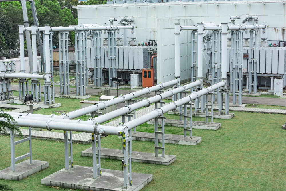 Outdoor electrical substation with piping